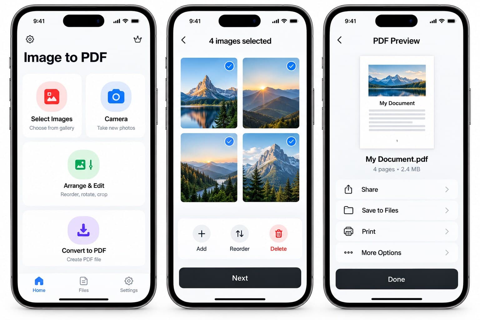 Three phone screens showing the Image to PDF app: selecting images, arranging them, and previewing the finished PDF