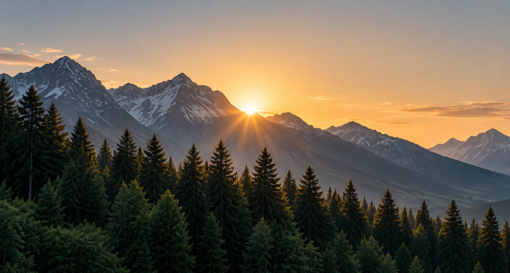Mountain peaks at sunrise above a dense pine forest