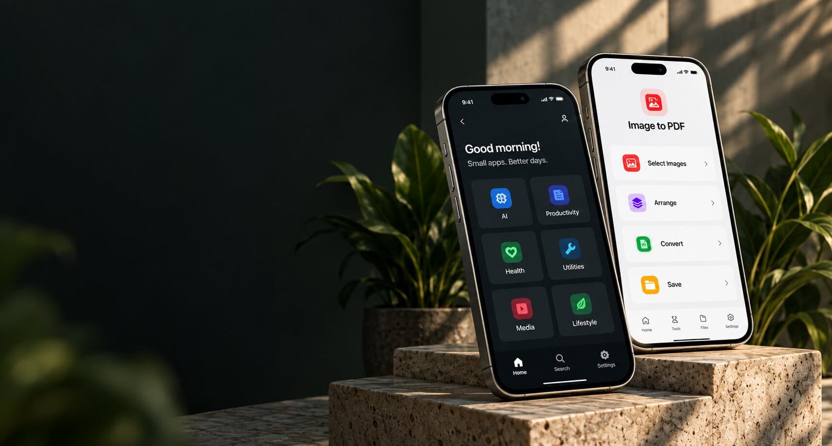 Appalaxy apps shown on two phones resting on a stone surface among plants